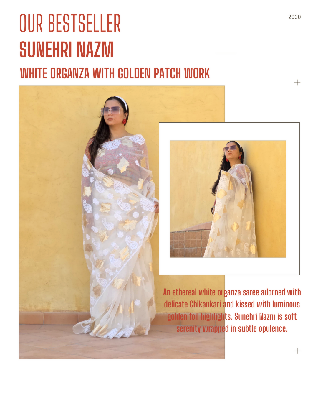 Model wearing a white organza saree embellished with Chikankari embroidery and shimmering golden foil patches.