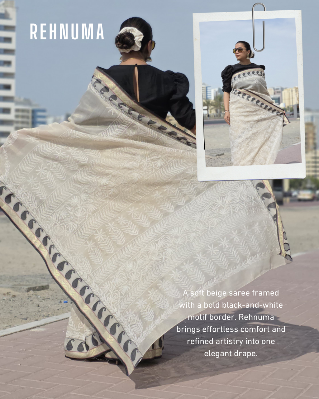 Rehnuma – Beige Nalli Silk Saree with Black‑and‑White Motif Border