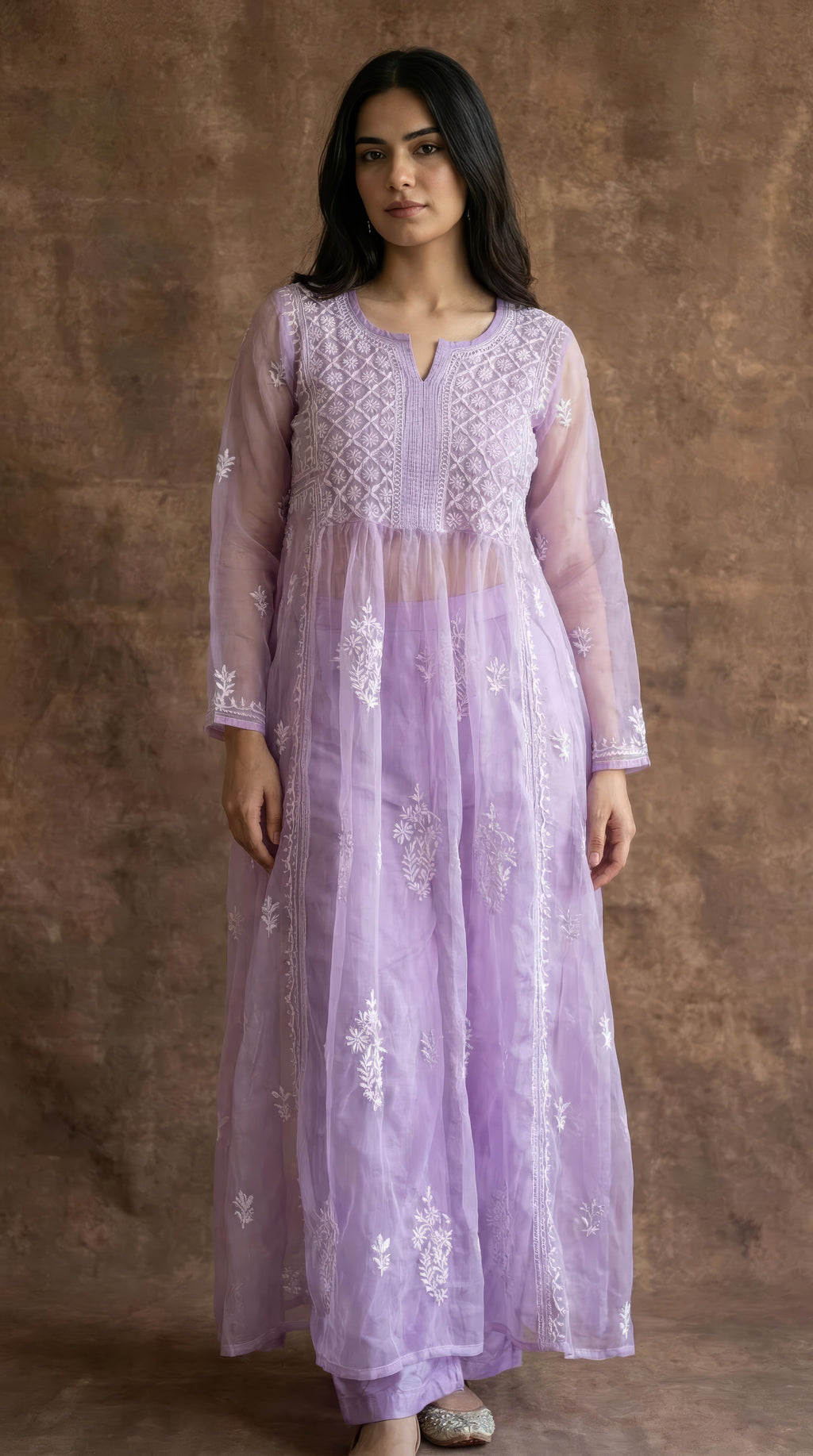 Whisper Organza Chikankari Long Kurti- Semi-Stitched