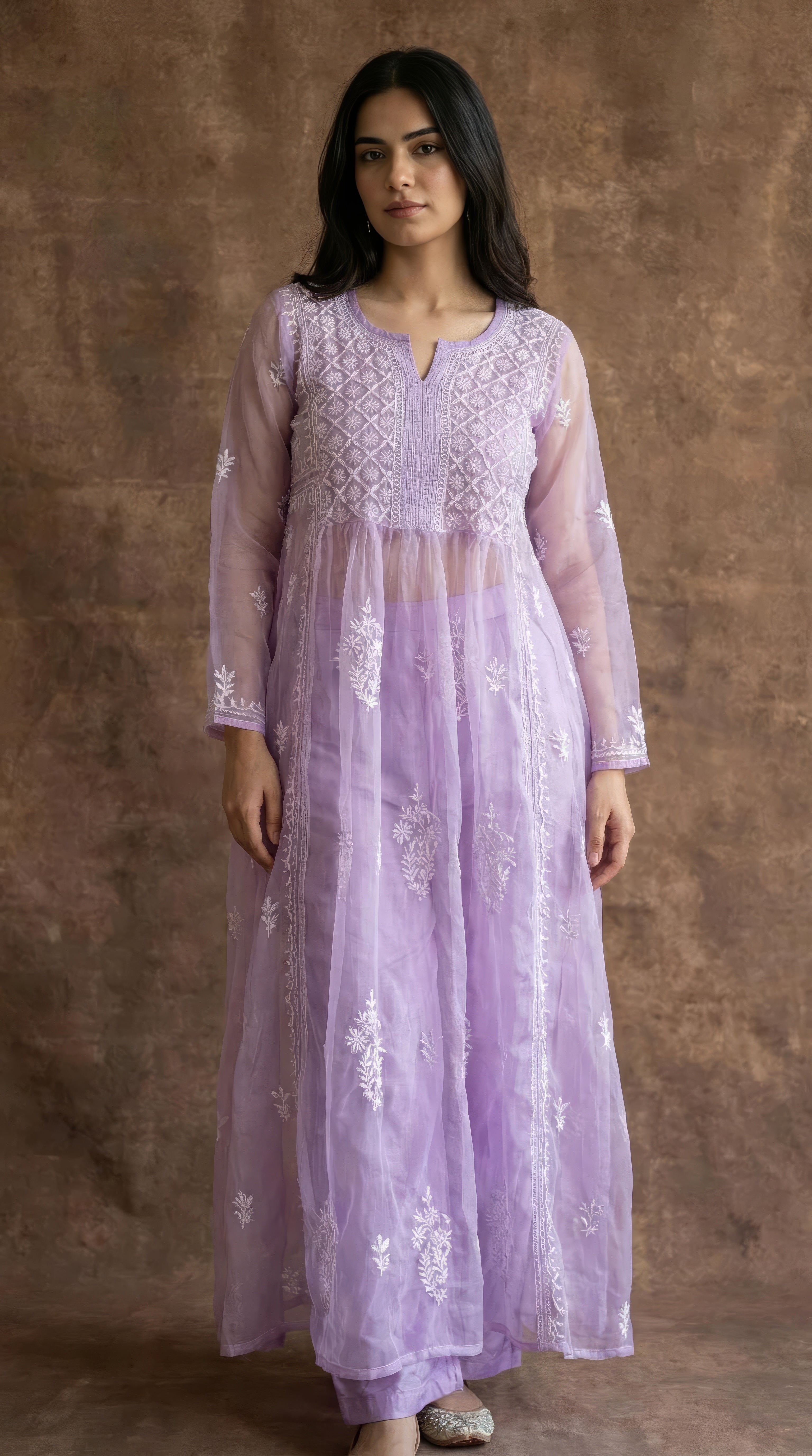 Whisper Organza Chikankari Long Kurti- Semi-Stitched