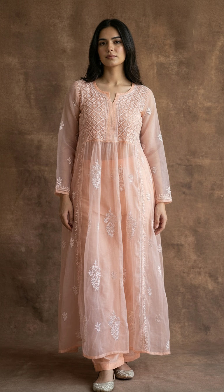 Whisper Organza Chikankari Long Kurti- Semi-Stitched