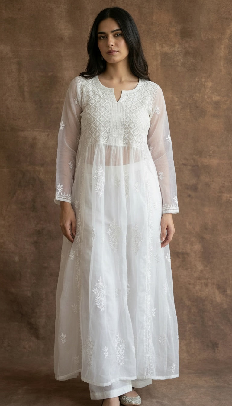 Whisper Organza Chikankari Long Kurti- Semi-Stitched