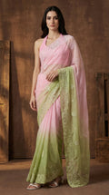 Dohri -Dual Tone Ombre Pink & Green Chikankari Organza Saree