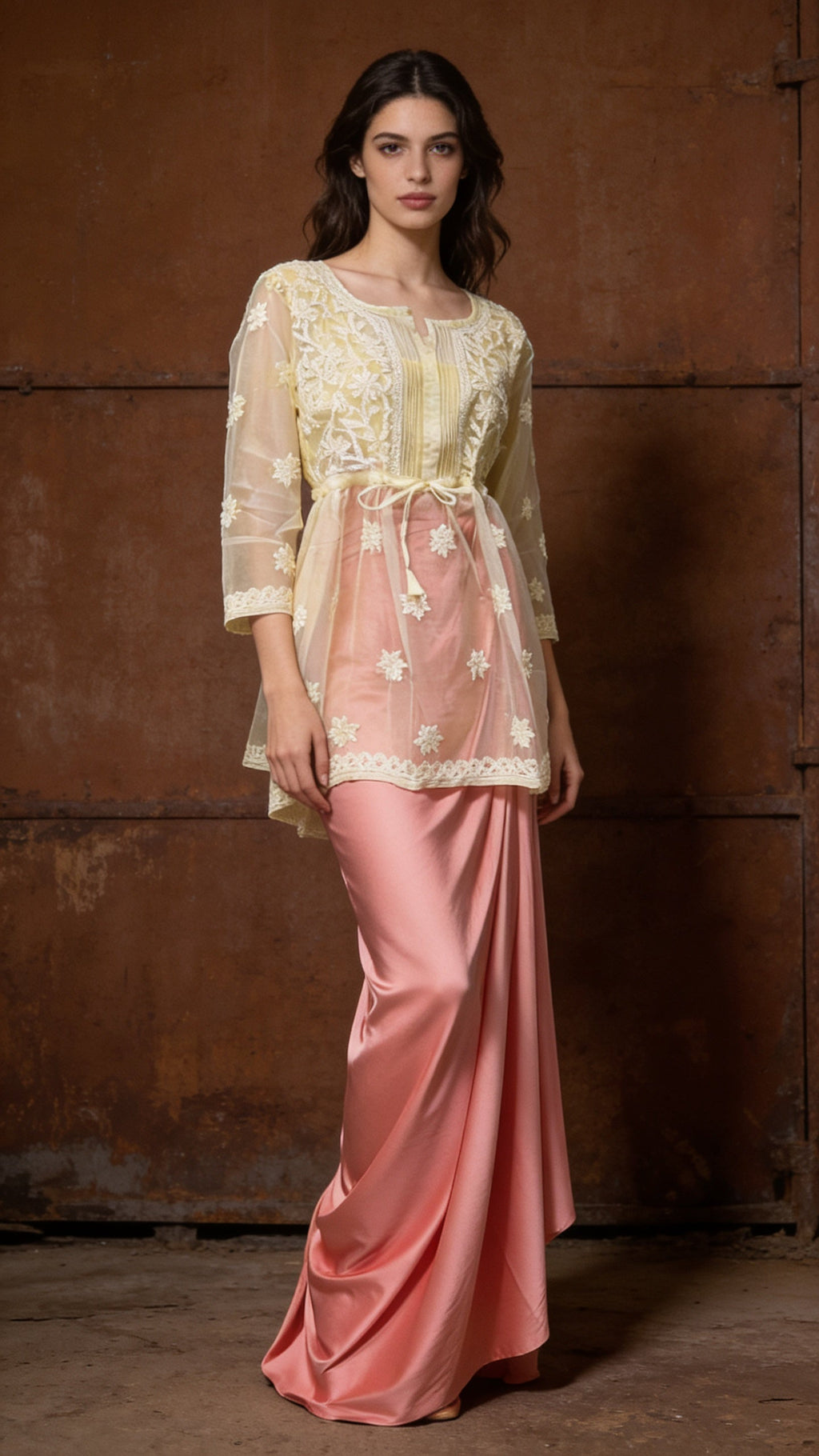 Chikankari Whisper Organza Peplum Set with Satin Drape Skirt
