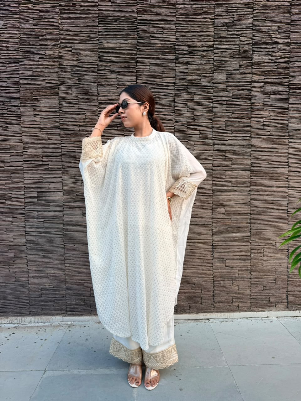 SHOKH — Ivory Viscose Chikankari Kaftan Set