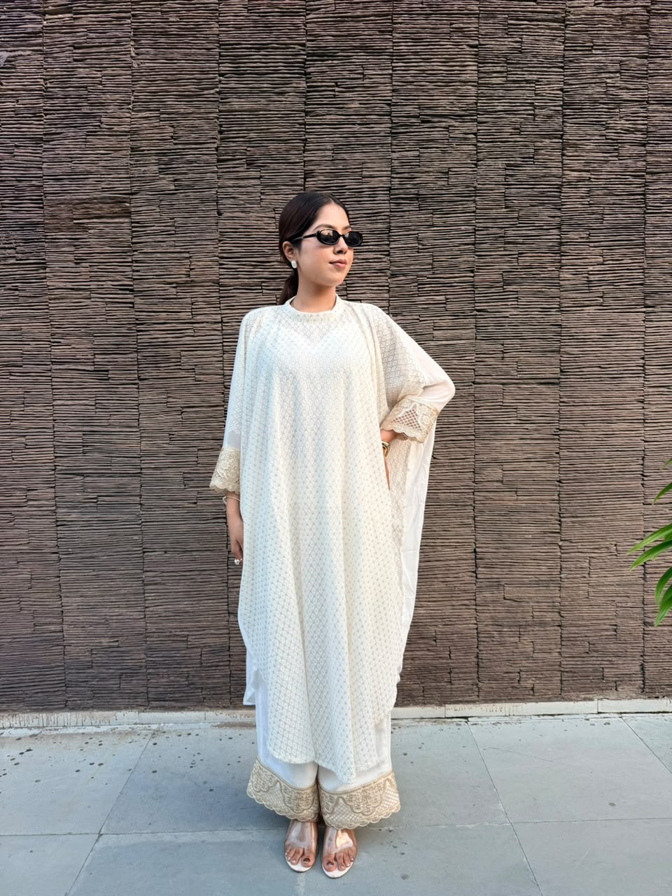 SHOKH — Ivory Viscose Chikankari Kaftan Set