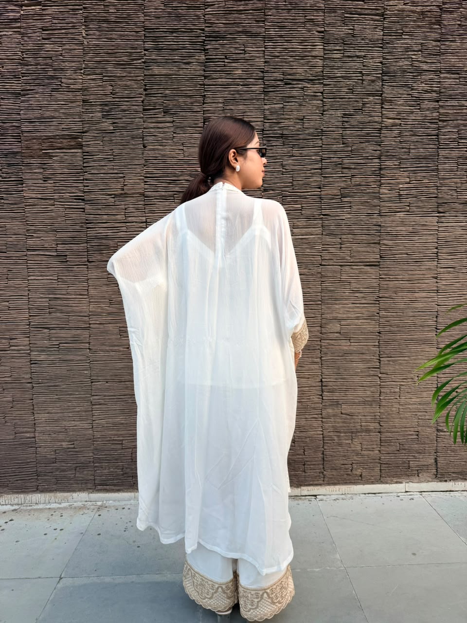 SHOKH — Ivory Viscose Chikankari Kaftan Set