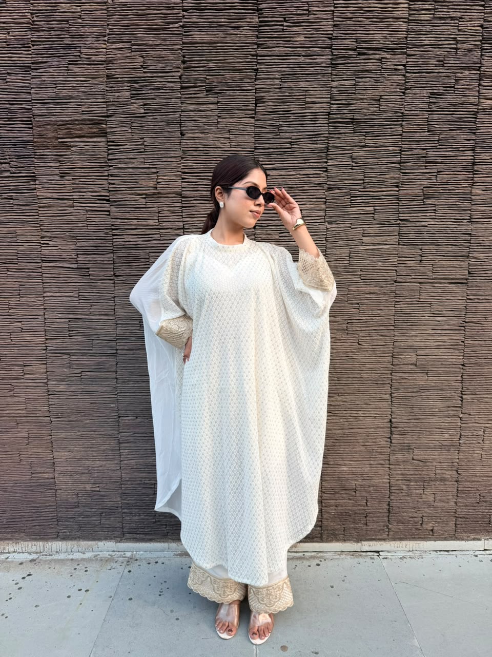 SHOKH — Ivory Viscose Chikankari Kaftan Set