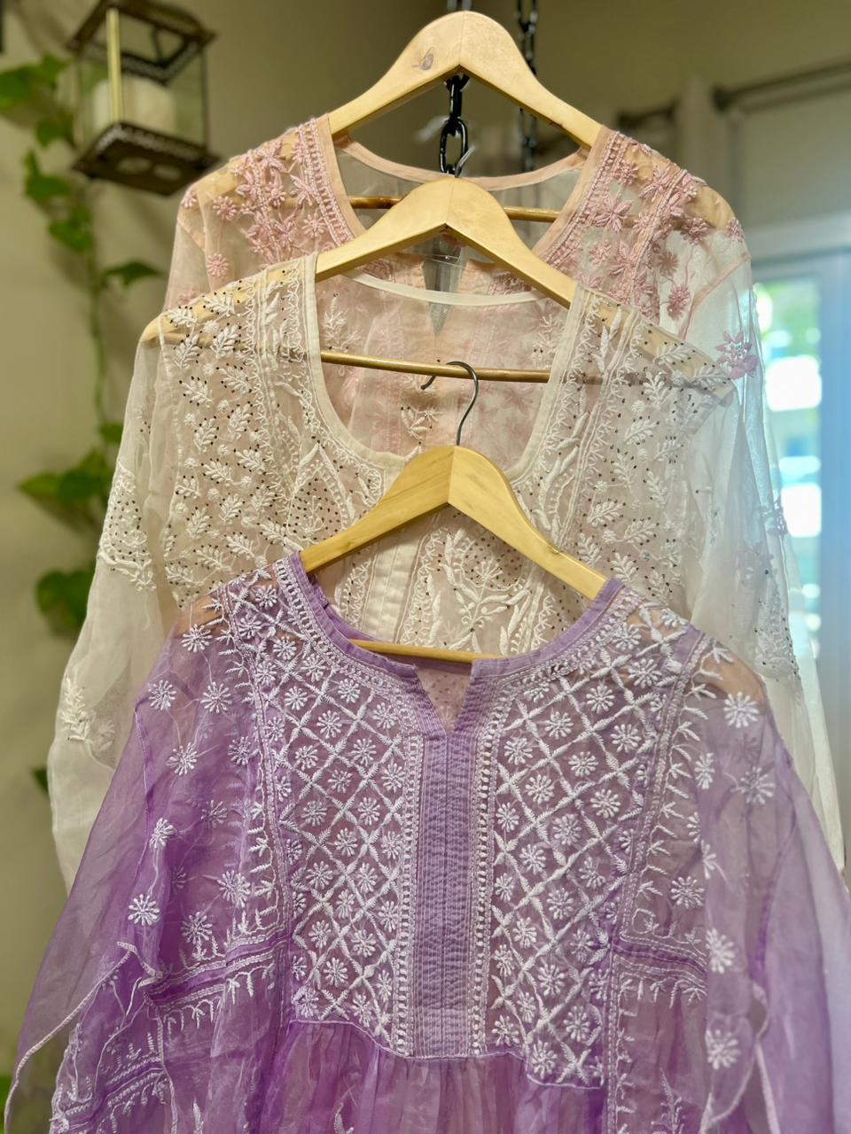 Whisper Organza Chikankari Long Kurti- Semi-Stitched