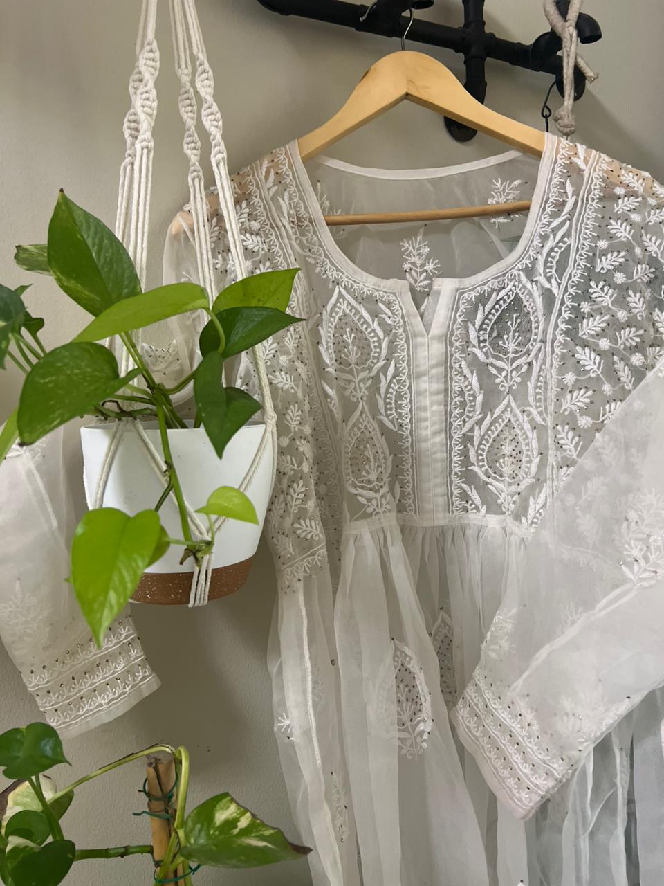 Whisper Organza Chikankari Long Kurti- Semi-Stitched